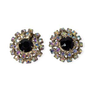 Vintage Gold Tone Aurora Borealis Rhinestones & Black Gem Round Clip On Earrings